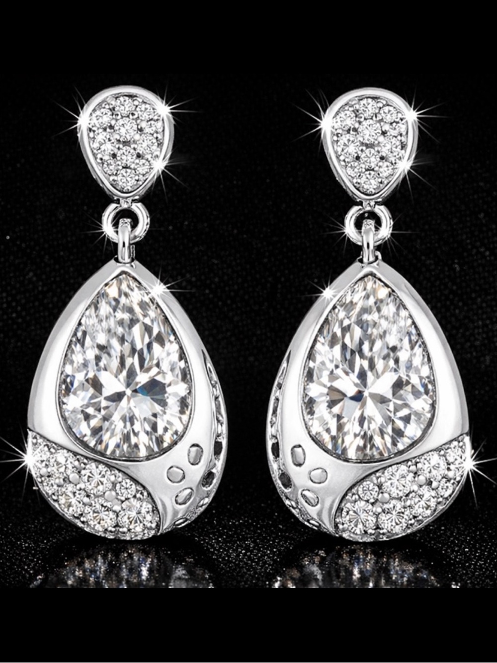 13ct Bezel Set Pear Cut Pave Round Cz Silver Dangle Drop statement Earrings New